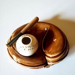 Vintage ceramic baseball glove with ball and bat. Made in Japan. Rare!